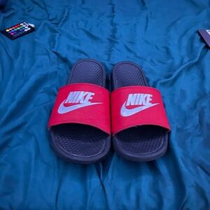 RED AND BLACK NIKE SLIDES